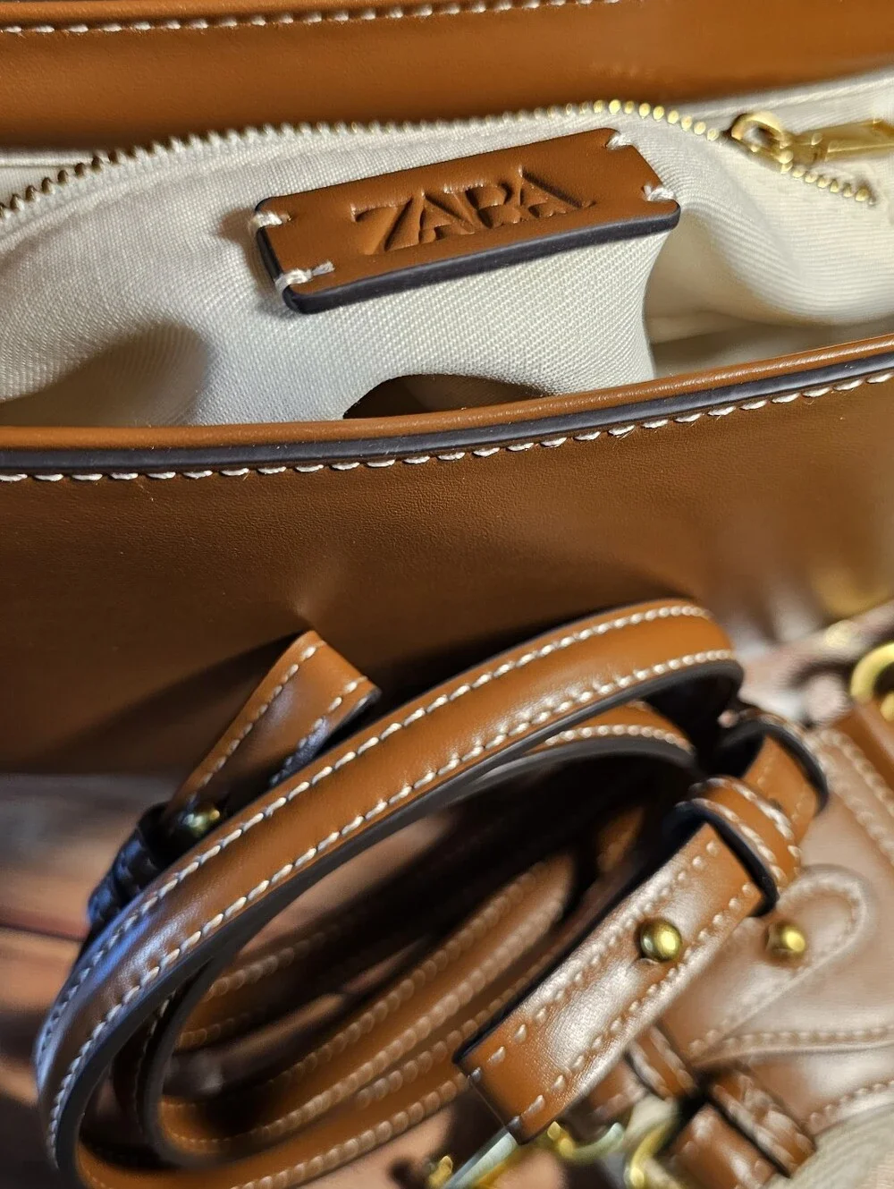 ZARA Brown Structured Saddle Bag Faux Leather 3 Straps NWOT